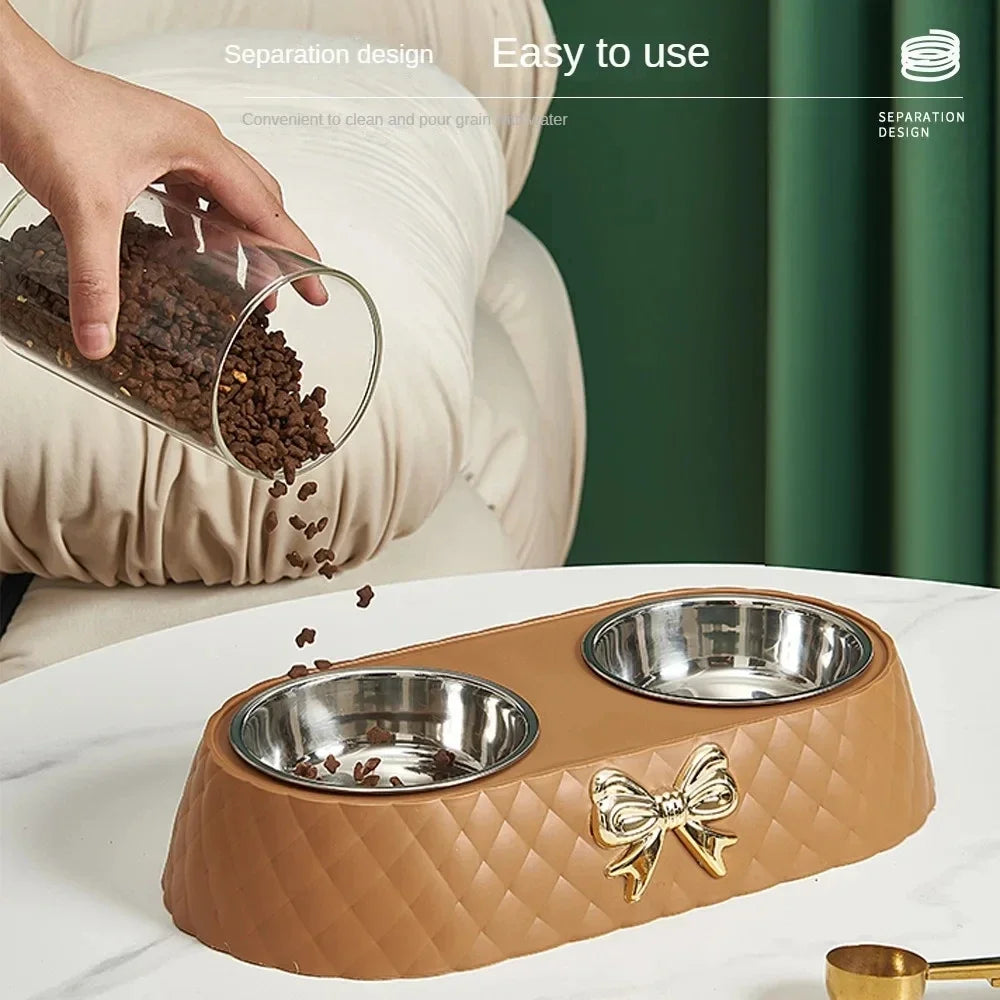 Pet Cat Food Bowl PP Base Bow-tie Bowknot Cat Feeder Stainless Steel Double Bowl Dog Food Feeding Drinking Container Pet Supplie