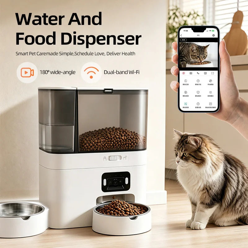 Intelligent Automatic Cat Feeder with Built-in Water Dispenser Integrated Pet Feeding Station Button-WiFi-Video Timed and Quanti